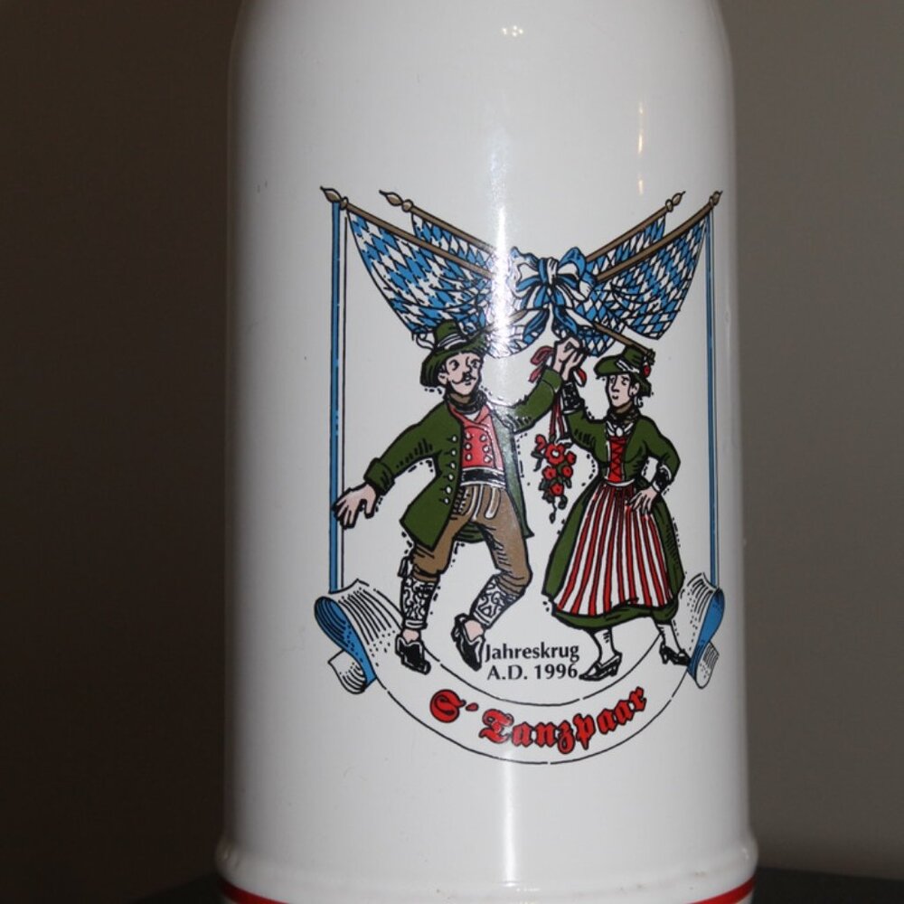 Vintage Jahreskrug German Beer Stein/Mug Appel Getränke w/ Metal Lid White